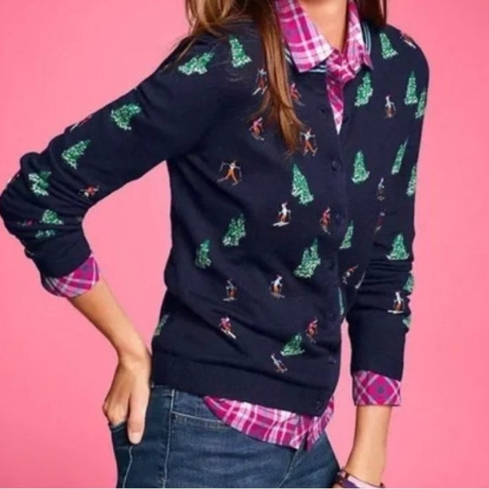 Talbots Sweater Button Cardigan Embroidered Ski Beaded Cashmere Navy XS NEW